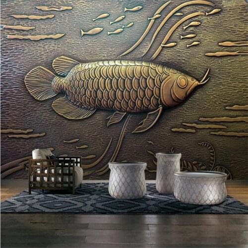 Chinese 3D Stereoscopic Gold Embossed Fish Copper Art Mural Wallpaper Hotel Restaurant Industrial Decor Background Wall Paper 3D