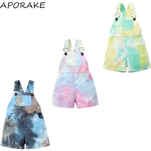 2021 0-5Y Toddler Baby Girl Overalls Fashion Summer Tie Dye Print Sleeveless Square Collar Romper With Pocket Loose Pants