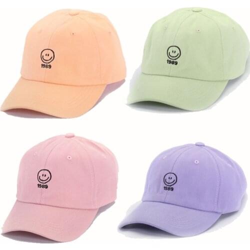 Cute Girl Candy Color Smiley Face Embroidery Soft Womens Baseball Cap For Female Mens Cap Cotton Snapback Sun Hat BQM178