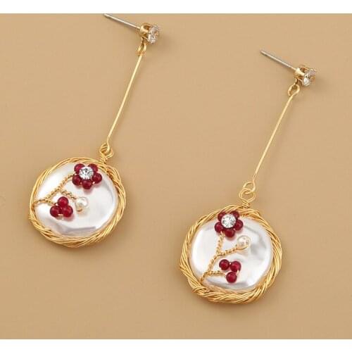 Minar Handmade Kint Big Baroque Pearls Red Beaded Floral Charm Pendant Earrings for Women Long Metallic Earrings Retro Jewelry