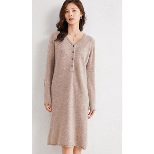 100% Wool Knitting Soft Dress Winter/ Autumn V-neck Keen-Length Dresses for Women New Fashion Female Dresses
