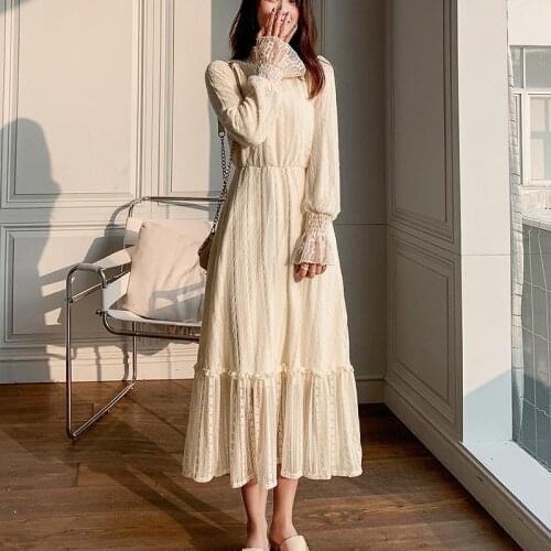 2021 New Spring Autumn Women Korean French Retro Elegant Loose Slim Half High Collar Female Mid Long Lace Base Dresses Y505