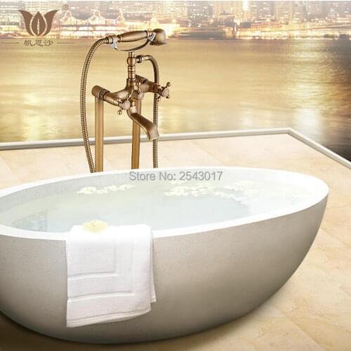 New Arrival Bathtub Shower Set Antique Brass Floor Stand Bath Shower Faucet Deck Mounted Dual Handle with Hand Shower ZR26