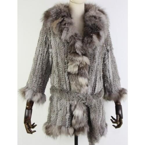 New arrival real rabbit fur coat womens warm natural fur long jacket with fox fur collar and belt size customized large size