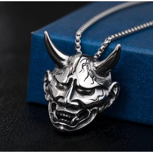 Retro Gothic Horn Evil Devil Demon Skull Pendant Necklace Stainless Steel Ghost Boruo Mask Hip Hop Necklace Jewelry Men Gift