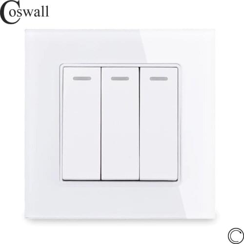 Coswall Crystal Glass Panel 3 Gang 1 Way Reset Switch Pulse Switch Momentary Contact Switch Push Button Wall Light Switch 16A