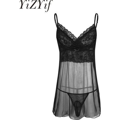 Sexy Mens 1 Sleepwear Set Wear Sleeveless See Through Loose Mesh Sheer Mini Dress with G-string Nightwear Gay Erotic lingerie