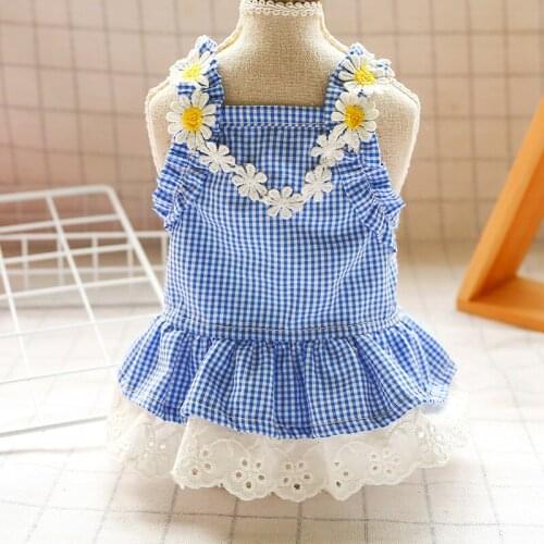 Dog Dress Mini Blue Grid Sun Lace Skirt Spring Summer Pets Outfits Dog Clothes For Small Dog Party Dog Skirt Puppy Pet Costume