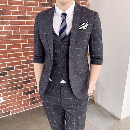 Luxury 3-piece mens summer Half sleeve wedding suit fashion mens business office suit suit mens suit jacket + pants + vest