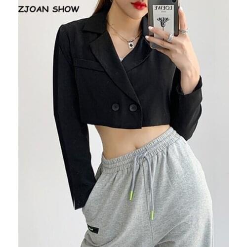 Autumn Notched Collar Cropped Blazer Vintage Women Double-breasted Buttons Long sleeve High Waist Suit Cool Girl Coat Outwear