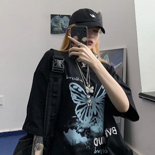 Oversize Short Sleeve Cotton T Shirt For Women Street Style Butterfly Printed Loose Basic Top Tee 2021 Summer Plus Size Clothing