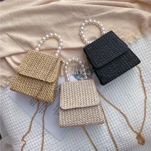 Summer Pearl Beach Bag Women Straw Rattan Bag Handmade Woven Crossbody Handbag Chain Small Shoulder Bag