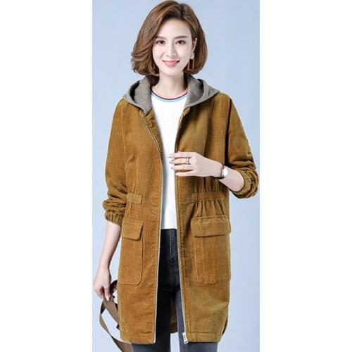 Corduroy Jacket Womens 2021 Autumn New Korean Plus Size L-4XL Middle-aged Mother Casual Hooded Outerwear Long Trench Coats