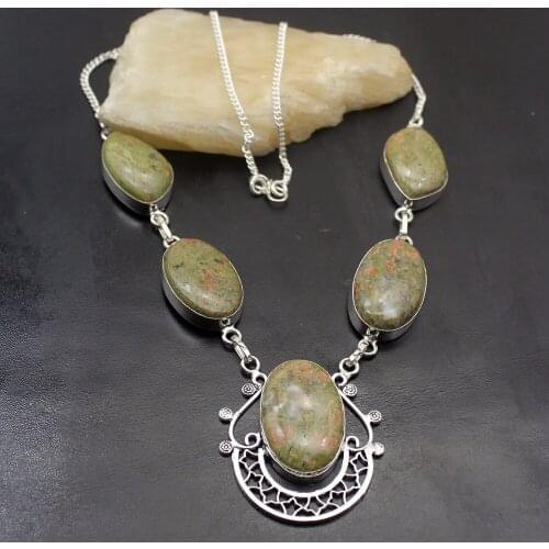 Hermosa Fantasy Natural GreenUnakite Silver Color Chain Charms Necklace Women Jewelry 20 Inch A65