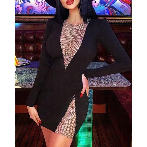 2021 New Summer Womens Sexy V-neck Mesh Diamond Long Sleeve Bodycon Bandage Dress Fashion Celebrity Party Dress Vestido