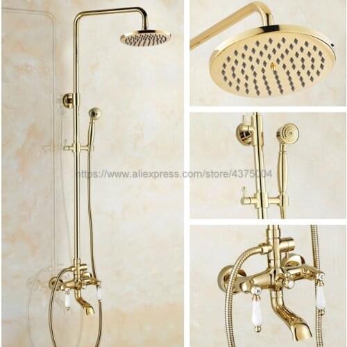 Gold Color Brass 8" Round Rain Shower Head Faucet Bathroom Tub Faucet Spout + Handheld Shower Wall Mounted Ngf364