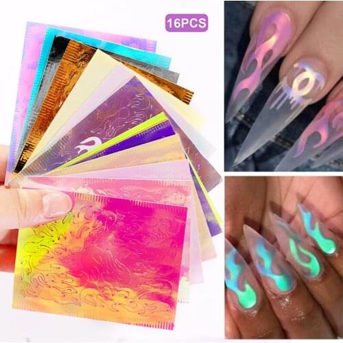 16/24PCS Flame Leaf Nail Stickers Aurora Fire Holographic Strip Tape Reflective Adhesive Foils Laser Stamping Nails Art Decal
