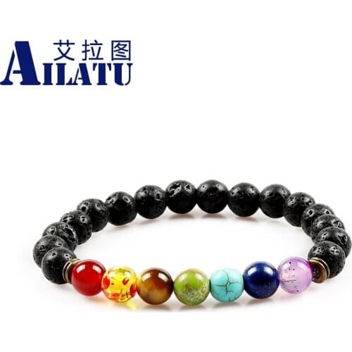 Ailatu New Arrival Marvelous 8mm Rainbow Color Stone wtih 8mm Lave Stone Bracelet Jewelry