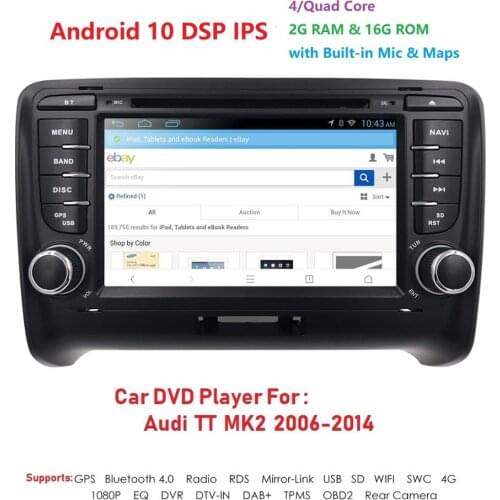 2 Din 7" Android 10 Quad Core Radio Car DVD Player for Audi TT MK2 2006 2007 2008 2009 2010 2011 2012 IPS Screen GPS Navigation