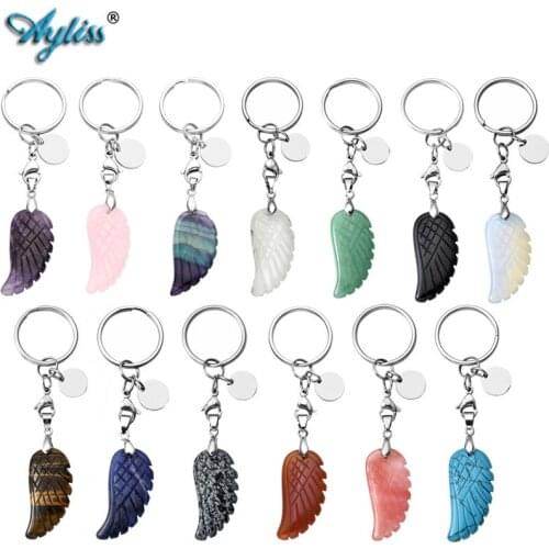 Ayliss Newest Chakra Reiki Angel Wing Carved Stone Natural Crystal Healing Gem Stone Pendant Keychain Stainless Steel Key Ring