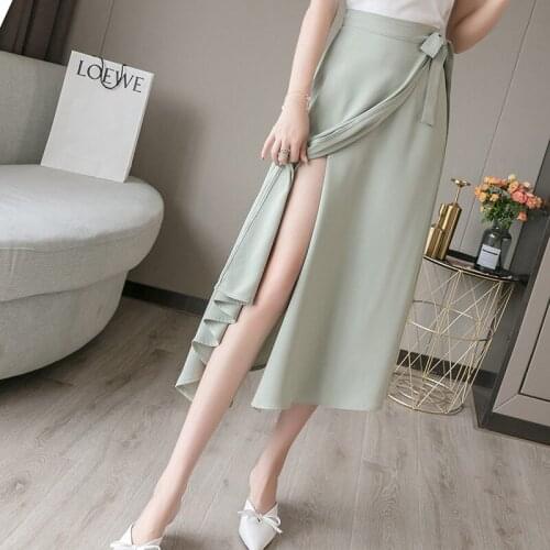 One Piece Lace-up Skirt Female 2021 Summer New High-waist Solid Mid-length A-line Skirt Lady Big Swing Skirts 9 Colors aq1085
