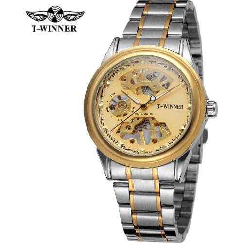 Winner Brand Golden Case Luxury Casual Design Full Stainless Steel Mens Watches Hollow Out Mechanical Skeleton Transparent Watch