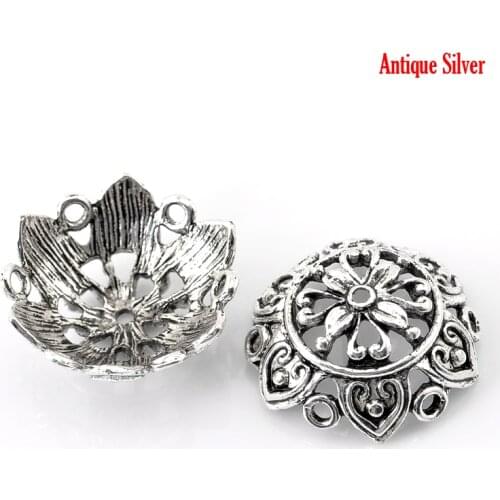 Doreen Box Lovely 20 Silver Color Flower Bead Caps Findings 25x10mm(1"x3/8"), Fit 24mm(1") bead (B21693)
