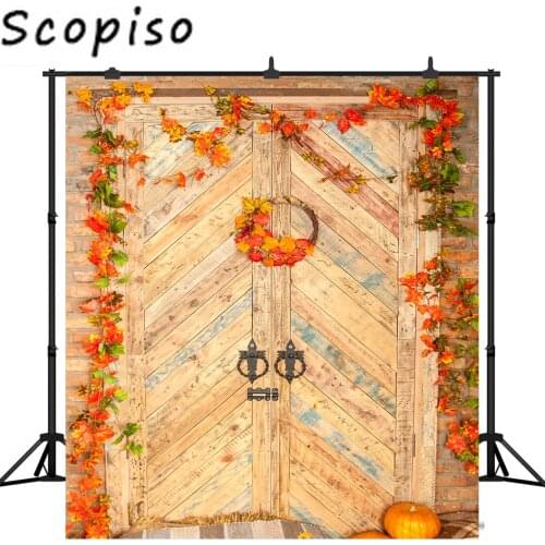 Scopiso Autumn Farm Door Photography Backdrop Birthday Wedding Decoration Pumpkin Leaves Photo Background Studio Props