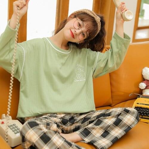 Cotton Spring Summer Nightwear Sleepwear Long Sleeve Home Pajamas Set For Women Plus Size Casual Soft Loose Print Lounge Wear