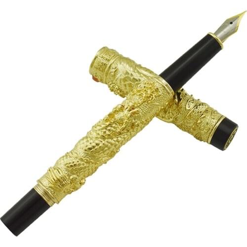 Jinhao Vintage Luxurious Fountain Pen Golden Small Double Dragon Playing Pearl, Metal Carving Embossing Heavy Collection Pen