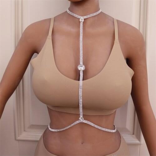 Round Crystal Rhinestone Chain Necklace Bikini Long Jewelry Bling Rhinestone Body Chain Bra Harness Sexy Bikini Jewellery