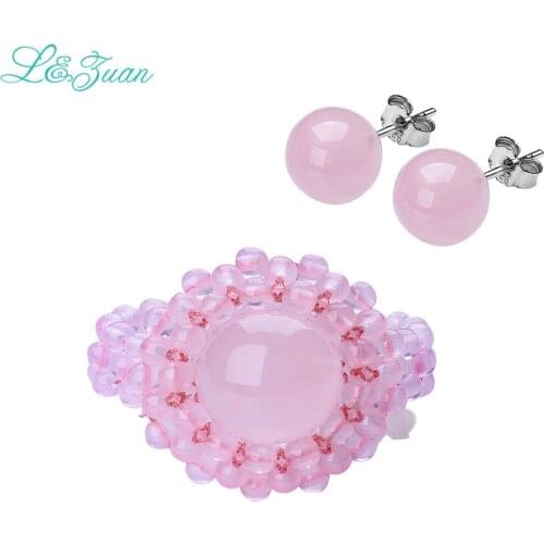 I&Zuan Stud Earrings Ring Set For Women Sterling Silver Jewelry Pink Natural Rose Quartz Fine Jewelry Accessories Set Party Gift
