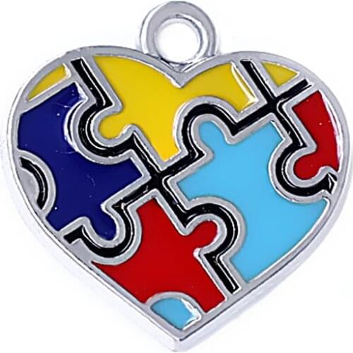 Fashion heart-shaped metal enamel craft charm to improve autism awareness jigsaw puzzle pendants wholesale
