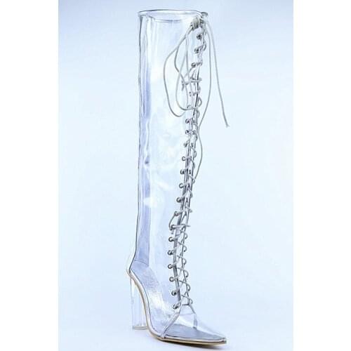 Fashion women transparent heel Boots PVC thigh high tall gladiator sandals booties lace up clear heel PVC transparent boots