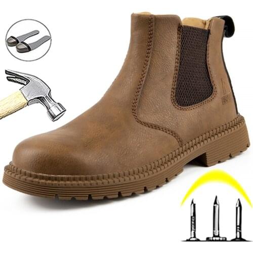 Men Safety Boots Steel Toe Shoes Chelsea Boots Work Shoes Leather Boots Indestructible Shoes Puncture-Proof Boots Industrial