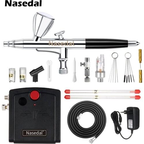 Nasedal NT-59 Dual-Action Airbrush Compressor Kit 0.3mm Airbrush Spray Gun for Nail Airbrush Model Cake Car Fish Shoes Painting