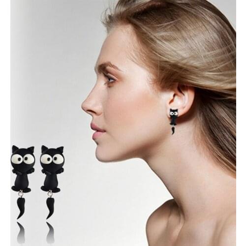 2015 New Summer Style Handmade Polymer Black Cat Earring for Women Lovely Cute Cartoon Stud Earrings Jewelry Ear Brincos