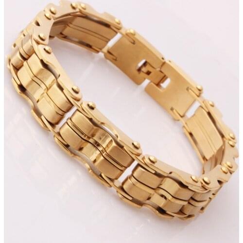 New Year Gift Stainless Steel Gold Color Motor Link Chain Mens Unisexs Bracelet Bangle Wristband Trendy Jewelry 9"*15mm,54G