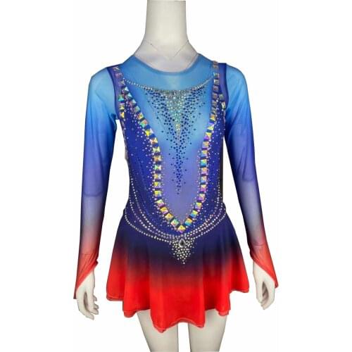 Blue Figure Skating Dress Long-Sleeved Ice Skating Skirt Spandex