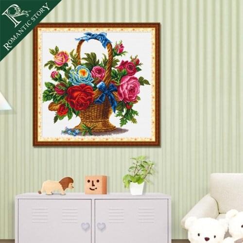 Romantic Story Rose Flower Basket Pattern Home Decoration Cross Stitch Handmade Needlework DMC Cross-Stitch For Embroidery Kits