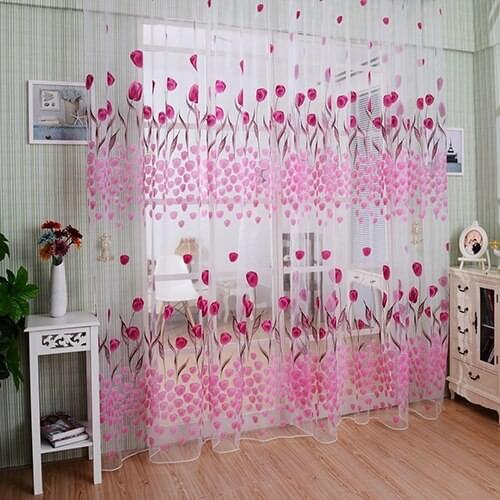 Romantic Tulip Print Voile Sheer Curtain Drape Divider Valance for Door Window