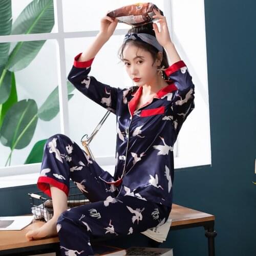 Long Sleeve Silk Pajamas Spring Autumn 2020 Women Pajama Sets Sexy Stain Sleepwear Pyjamas Women Nightwear Suit Pijama Feminino