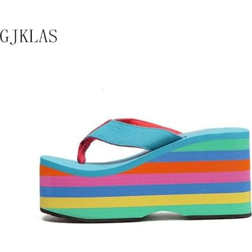 Rainbow Platform Shoes Flip Flops Wedges Shoes for Women High Heels Slippers Ladies Summer Comfy Platforms Beach Slippers Sandal