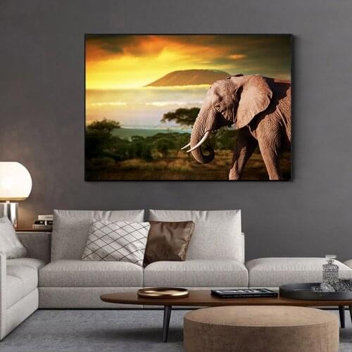 Dusk Grassland Canvas Painting Old Elephant Natural Scenery Modern Fashion Animal Poster for Living Room Home Decor Unstretched