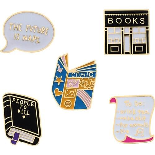 Creative Book Enamel Pin Bookstore Message Letter Cartoon Brooch Cute Women Men Jackets Bag Lapel Badge Pins Jewelry Kids Gifts