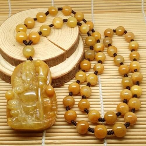 Admirable Golden Jade Lucky Amulet Guan YU Pendant jadite Mala bead Necklace Hanging
