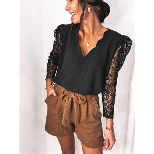 Womens T-shirt, Long Sleeve V-neck Lace Stitching Tops for Party Vacation Travelling Dating Holiday