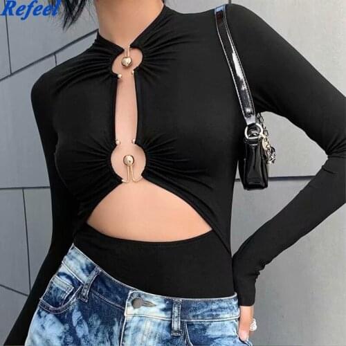 2021 womens street style solid color slim long sleeve T-shirt sexy hollow knitting casual top womens fashion V-neck tight top