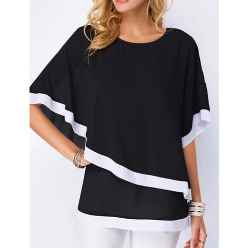 2019 Autumn Chiffon Blouse Women Casual O-Neck Solid Patchwork Fashion Half Of Sleeve Blouse Black And Blue Feminine Blouses