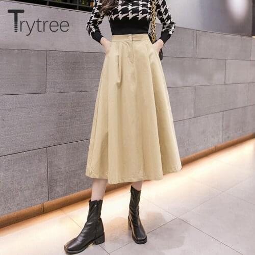 Trytree 2021 Spring Summer Casual Woman Skirt Pockets Elastic Waist Button Fly Solid A-line Mid-Calf Office Lady Skirt Women